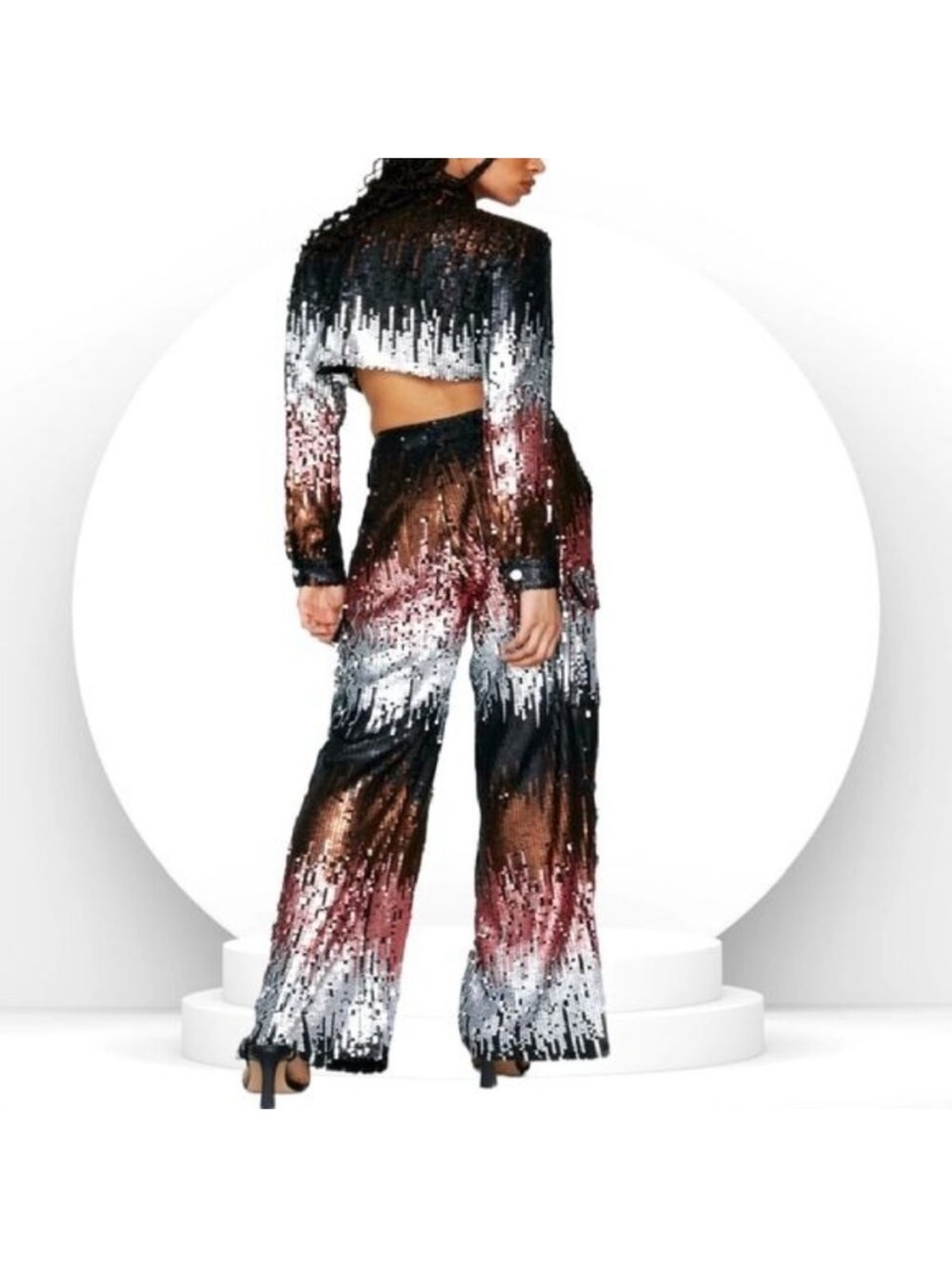 Nasty Gal Sequin Ombre Cargo Trousers - Black Pink Silver - Picture 6 of 9